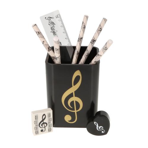 Schreibset, Stiftebox mit goldenem Violinschlssel, Lineal, Radiergummi, Herzspitzer und sechseckige Bleistifte