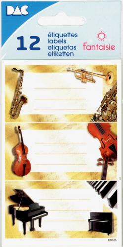 Instrumente-Etiketten mit Piano, Saxophon und Violine 