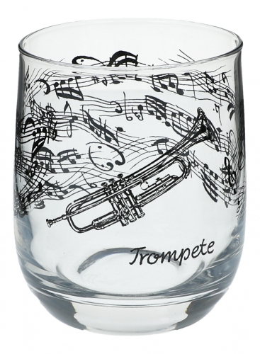 Glas mit Instrumenten und musikalischen Motiven, schwarzer Druck - Instrument: Trompete