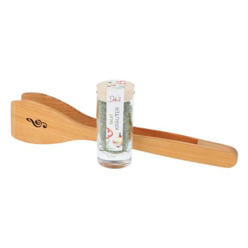 Geschenkset Salatzange mit gelasertem Violinschlssel/Achtelnote und Salat-Kruter-Gewrzmischung im Gewrzglas