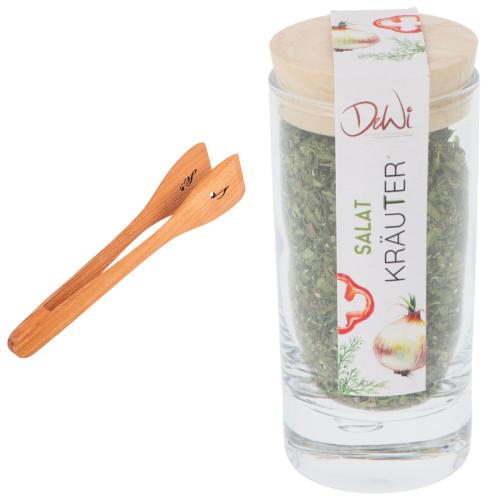 Geschenkset Salatzange mit gelasertem Violinschl�ssel/Achtelnote und Salat-Kr�uter-Gew�rzmischung im Gew�rzglas  in Tagetasche