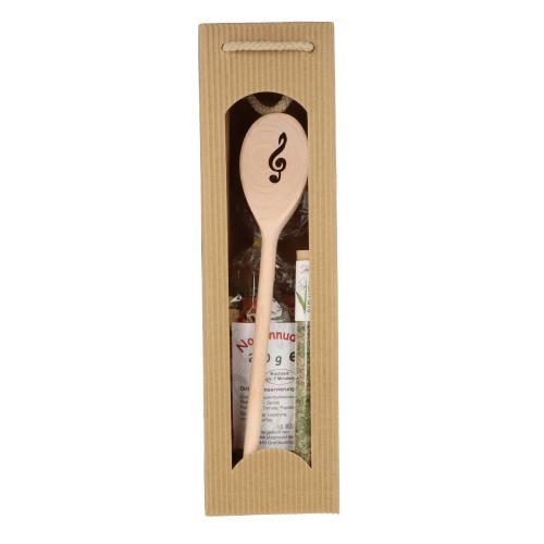 Geschenkset mit Kochl�ffel, Notennudeln und B�rlauch Pesto ST XL, 20 g im Glas in Tragetasche - Motiv: Violinschl�ssel