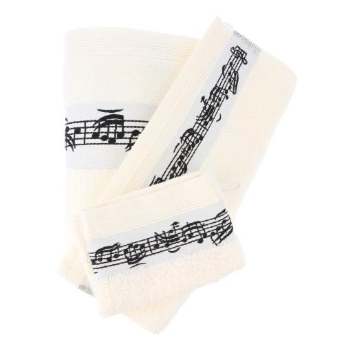 Geschenkset Handt�cher, Handtuch, G�stehandtuch und Waschhandschuh mit eingewebter Notenzeile, cremefarben 