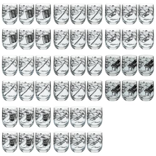 6 x Glas mit Instrumenten und musikalischen Motiven