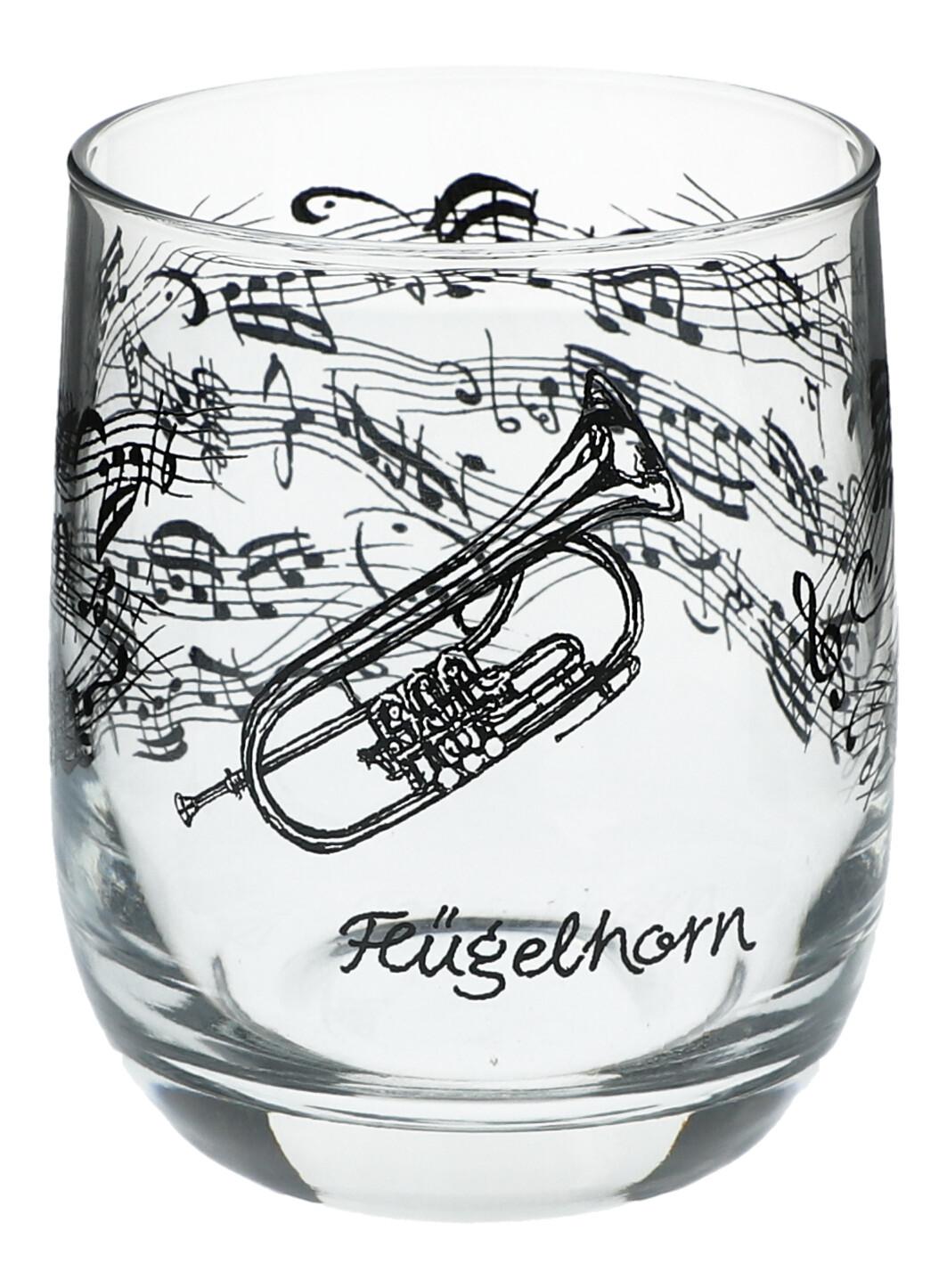 Glas mit Instrumenten und musikalischen Motiven, schwarzer Druck - Instrumente / Design: Fl�gelhorn 