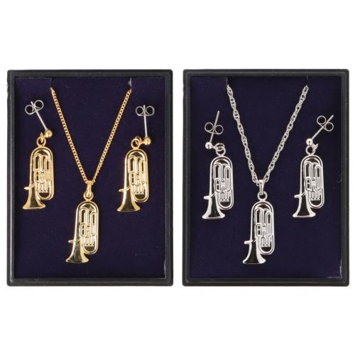 Tuba Ohrh�nger und Anh�nger mit Kette in Displaybox, versilbert oder vergoldet, Blasmusik