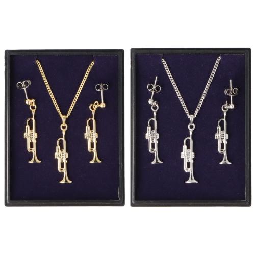Trompete Ohrh�nger und Anh�nger mit Kette in Displaybox, versilbert oder vergoldet, Blasmusik