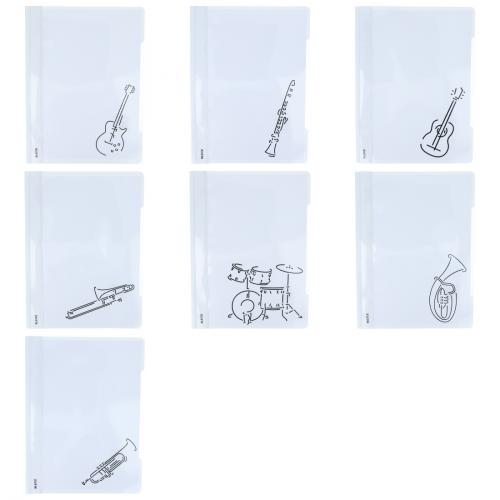 weie Schnellhefter mit verschiedenen Instrumenten oder Notenzeichen