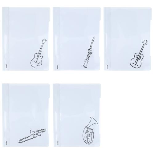 wei�e Schnellhefter mit verschiedenen Instrumenten oder Notenzeichen