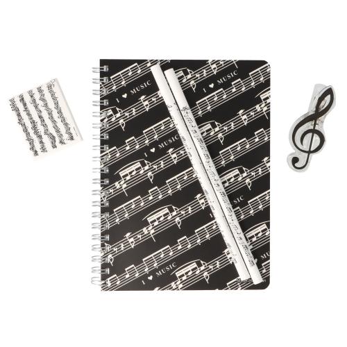 Schreibset aus Spiralblock, 2 geschwungene Notenlinien-Bleistiften, Violinschlssel-Klammer und Notenlinien-Radiergummi