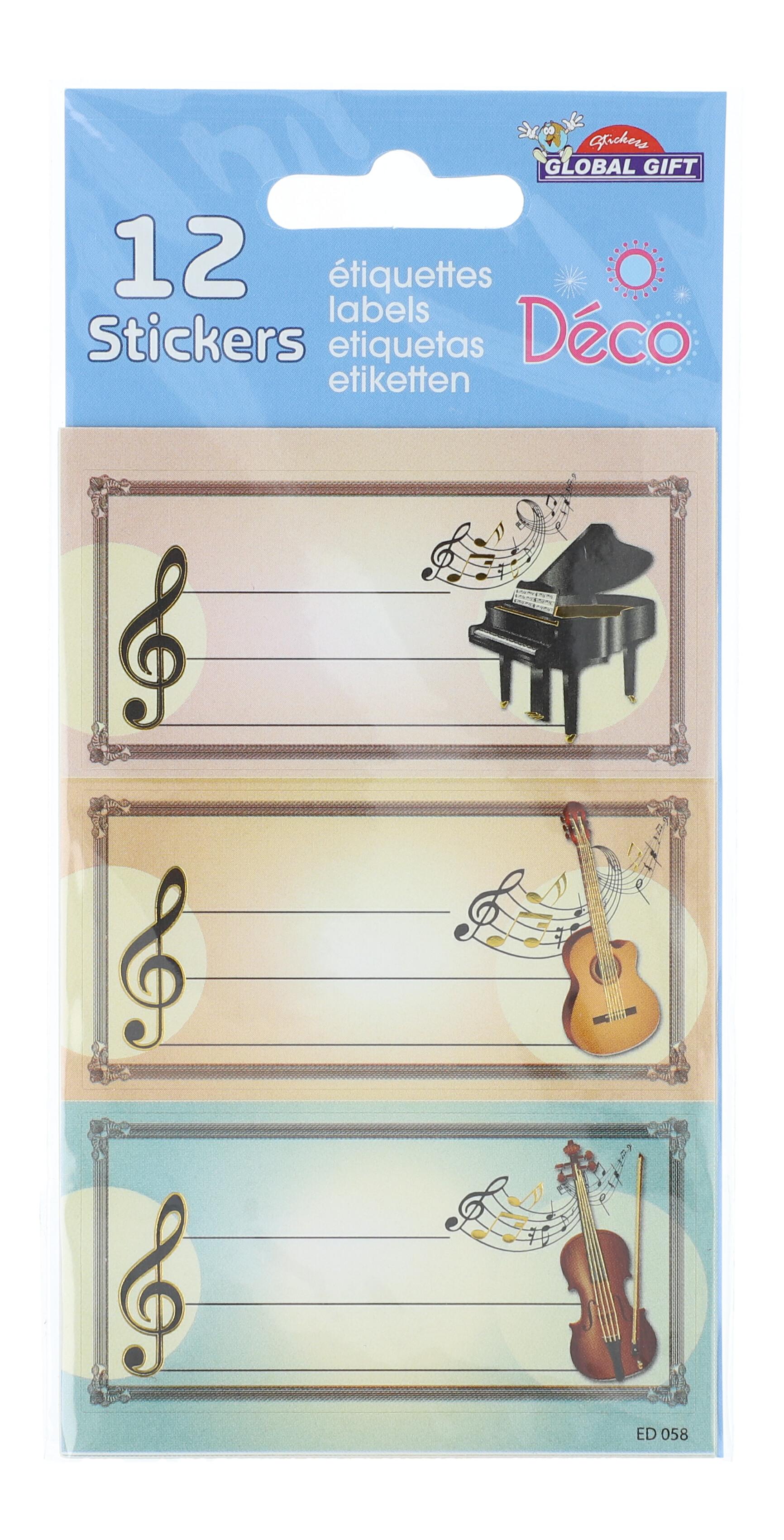 Instrumente-Etiketten mit Piano, Konzertgitarre und Violine 