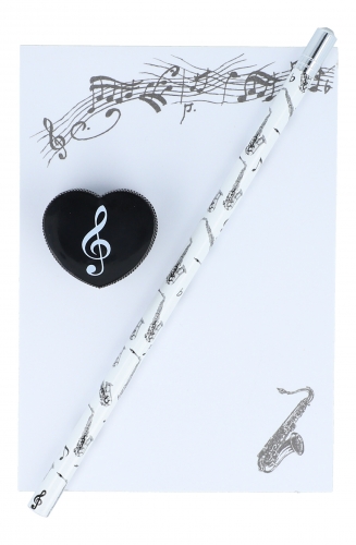 Schreibset Bleistift, Spitzer und A6-Block mit verschieden Instrumenten - Design: Saxophon