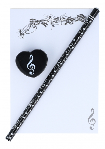 Schreibset Bleistift, Spitzer und A6-Block mit verschieden Instrumenten - Instrumente / Design: Violinschlüssel