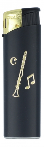 Elektronikfeuerzeug schwarz/gold mit Instrumenten-Motiv - Instrumente / Design: Klarinette