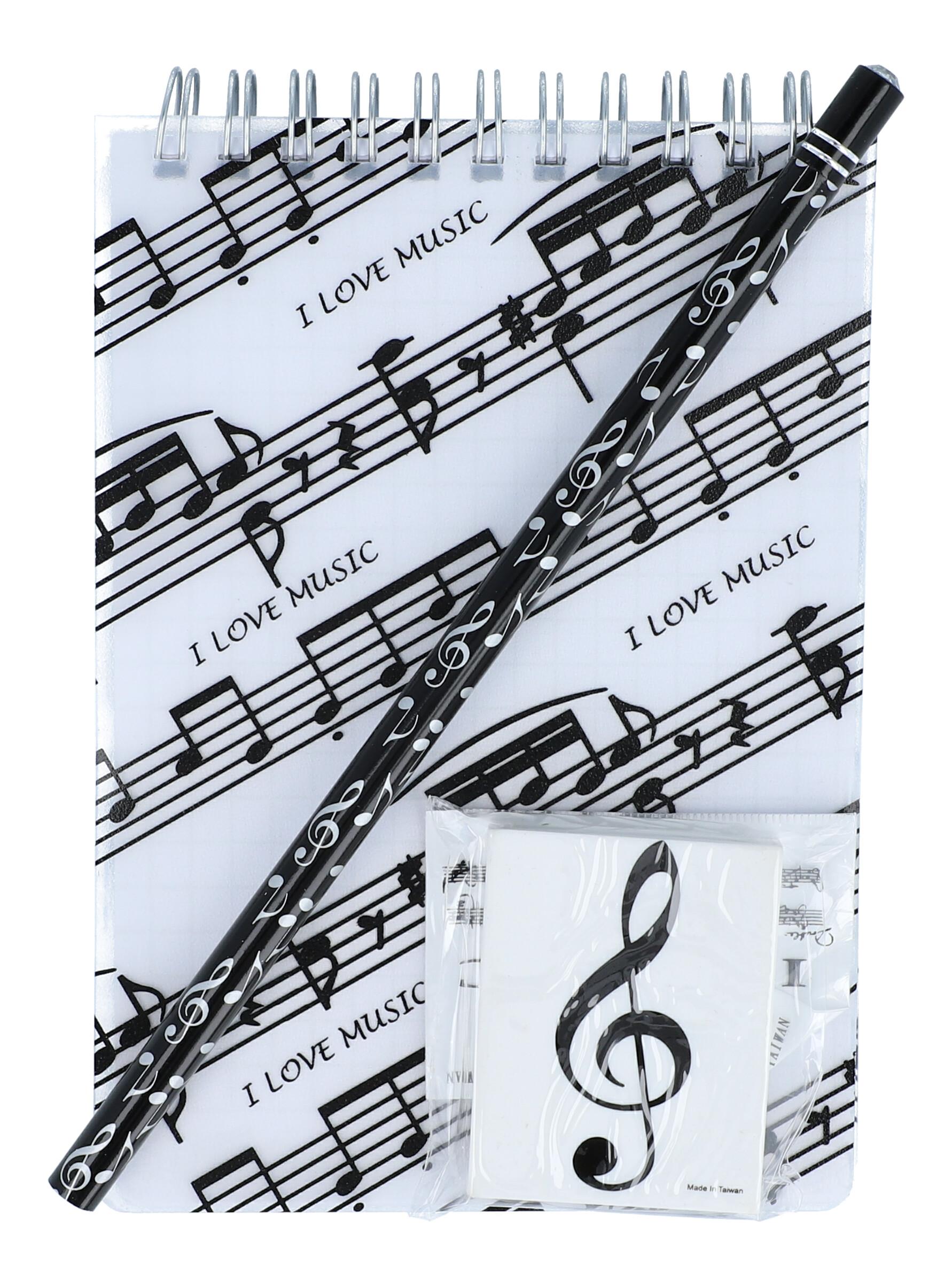 Schreibset mit Notenlinien Spiralblock, Bleistift, Violinchlüssel-Radiergummi Schreibset mit Notenlinien Spiralblock, Bleistift, Violinchlüssel-Radiergummi