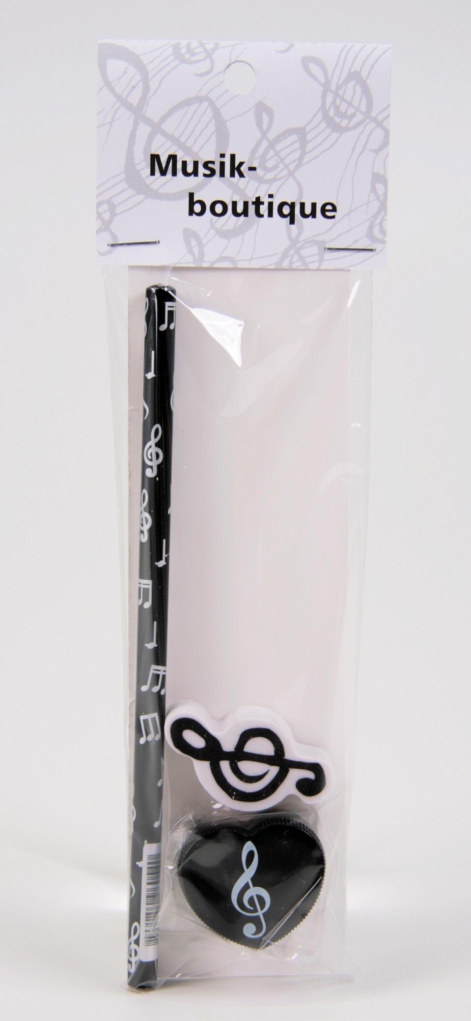 Schreibset mit Bleistift Notenmix, Radiergummi und Spitzer Violinschlüssel Schreibset mit Bleistift Notenmix, Radiergummi und Spitzer Violinschlüssel