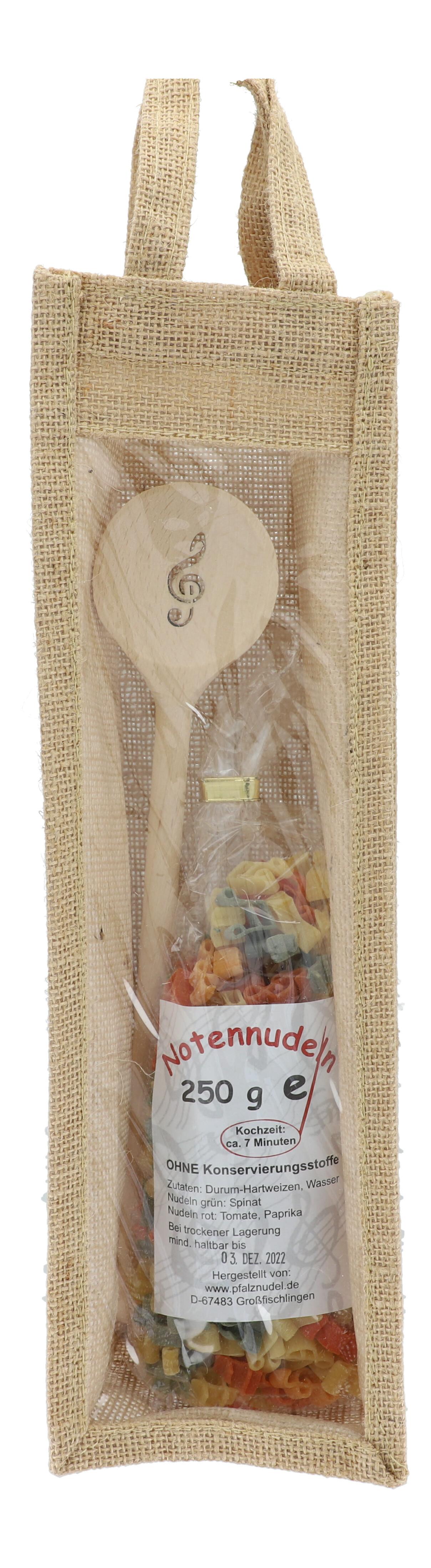 Geschenkset Jutetasche mit Noten-Nudeln und Violinschlüssel-Kochlöffel Geschenkset Jutetasche mit Noten-Nudeln und Violinschlüssel-Kochlöffel
