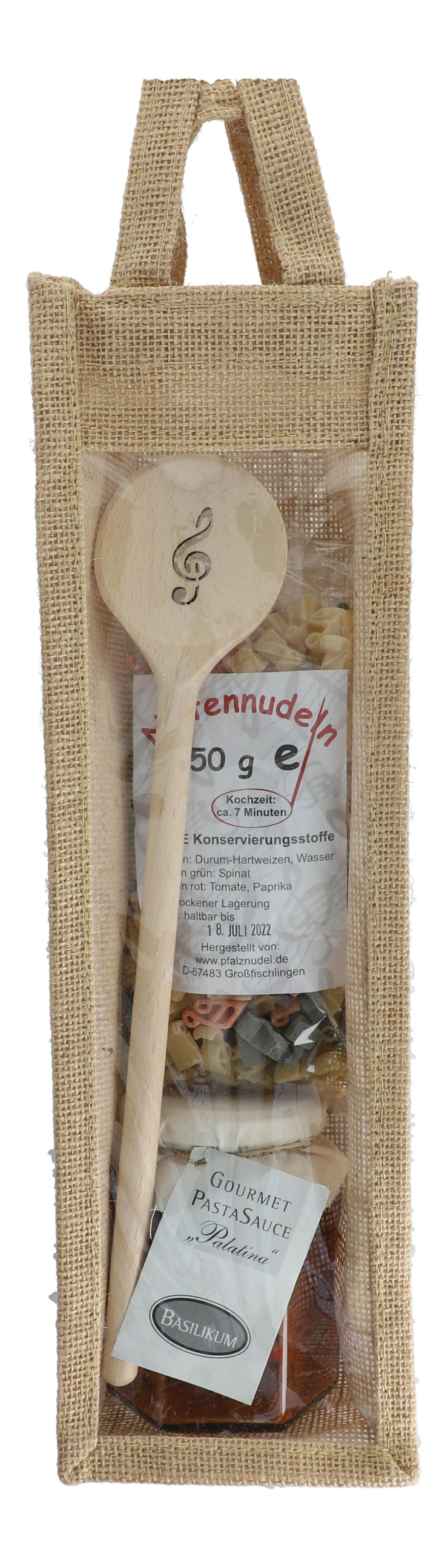 Geschenkset Jutetasche mit Nudeln/Kochlöffel Violinschlüssel/Pastasauce Geschenkset Jutetasche mit Nudeln/Kochlöffel Violinschlüssel/Pastasauce