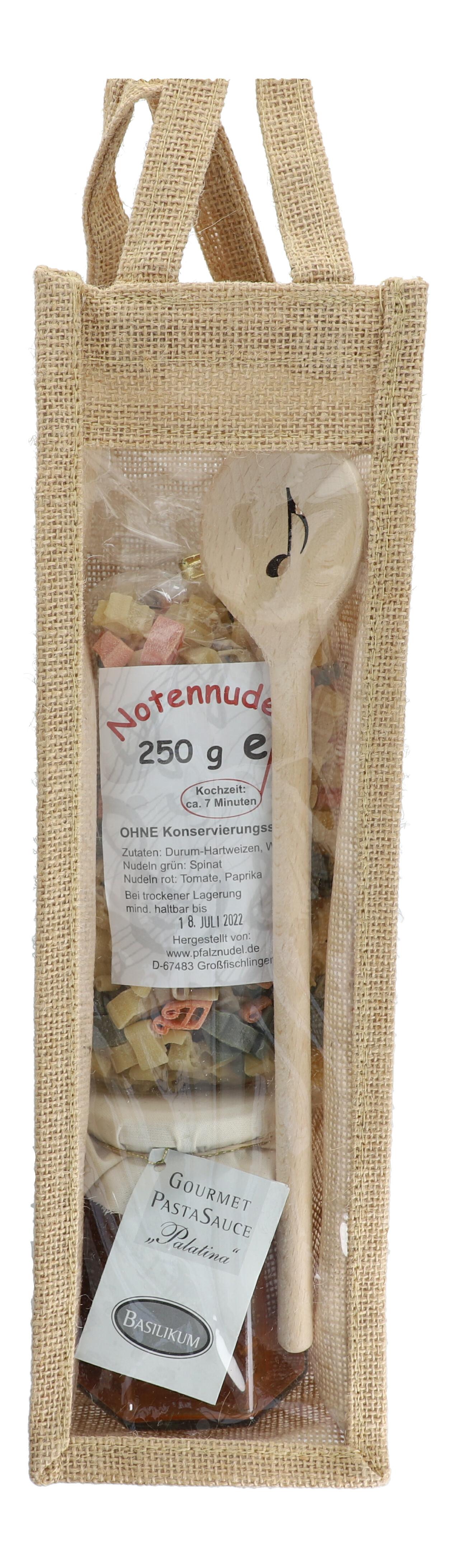 Geschenkset Jutetasche mit Nudeln/Kochlöffel Achtelnote/Pastasauce Geschenkset Jutetasche mit Nudeln/Kochlöffel Achtelnote/Pastasauce
