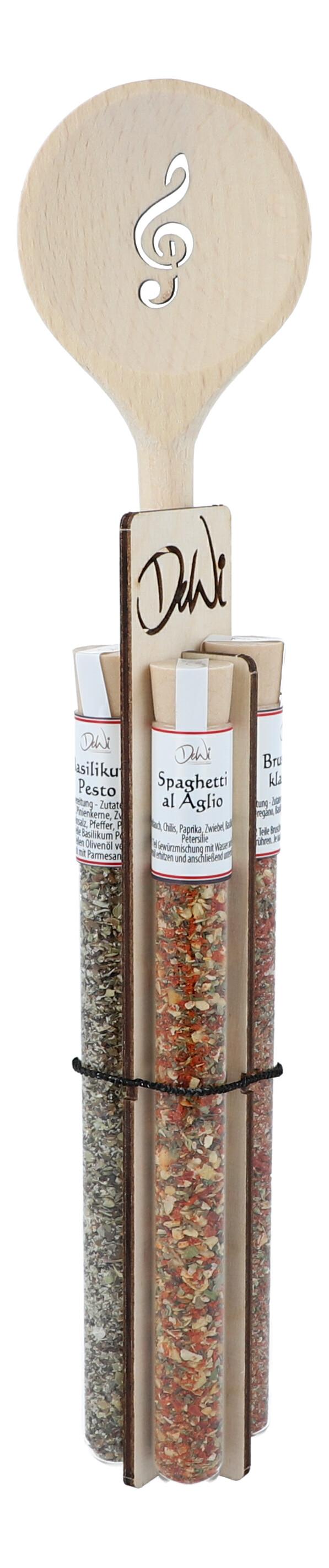 Geschenkset Kochlöffel Violinschlüssel mit Gewürzen im Reagenzglas Geschenkset Kochlöffel Violinschlüssel mit Gewürzen im Reagenzglas
