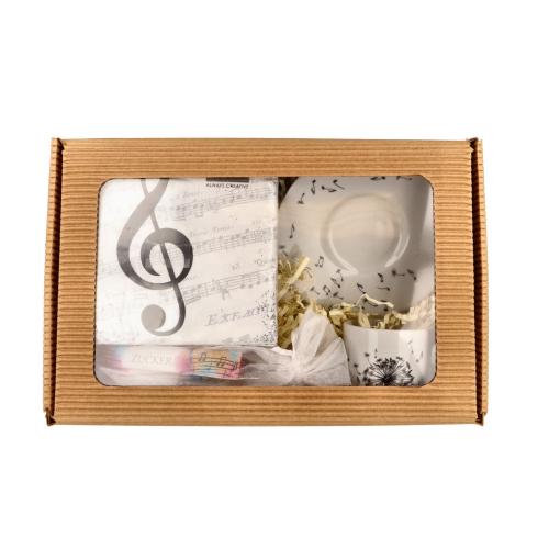 Geschenkset mit Espressogedeck, Servietten und 4 Zuckersticks in Faltschachtel mit Sichtfenster