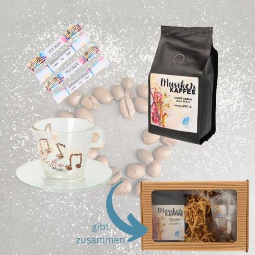 Geschenkset Cappuccinotasse/ und -teller, Musiker Kaffee und Zucker in Faltschachtel mit Sichtfenster