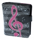 schwarze Geldbörse mit pinkem Violinschlüssel und Notenzeilen 