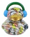 Enten-Keramik-Spardose mit grünem Kopfhörer und Notenlinien 