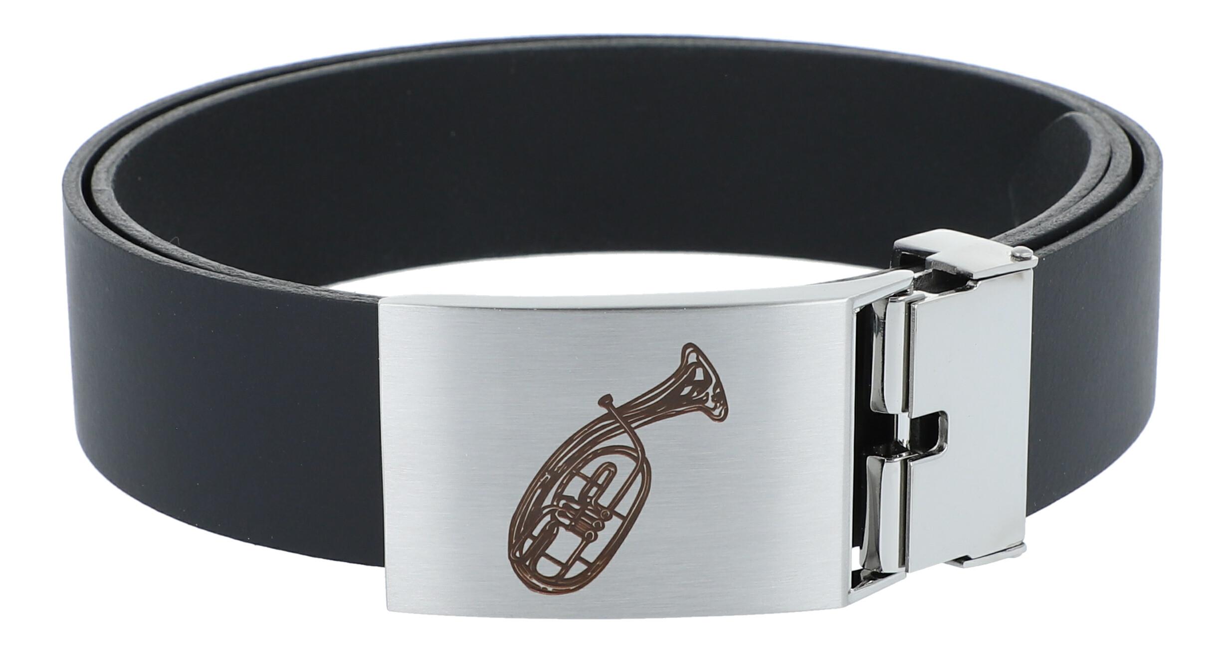 Ledergürtel mit Metallschließe, Motiv Tenorhorn Ledergürtel mit Metallschließe, Motiv Tenorhorn