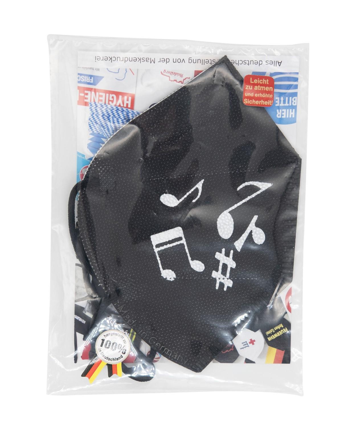 schwarze FFP2-Maske mit Noten-Mix-Druck, gold oder weiß