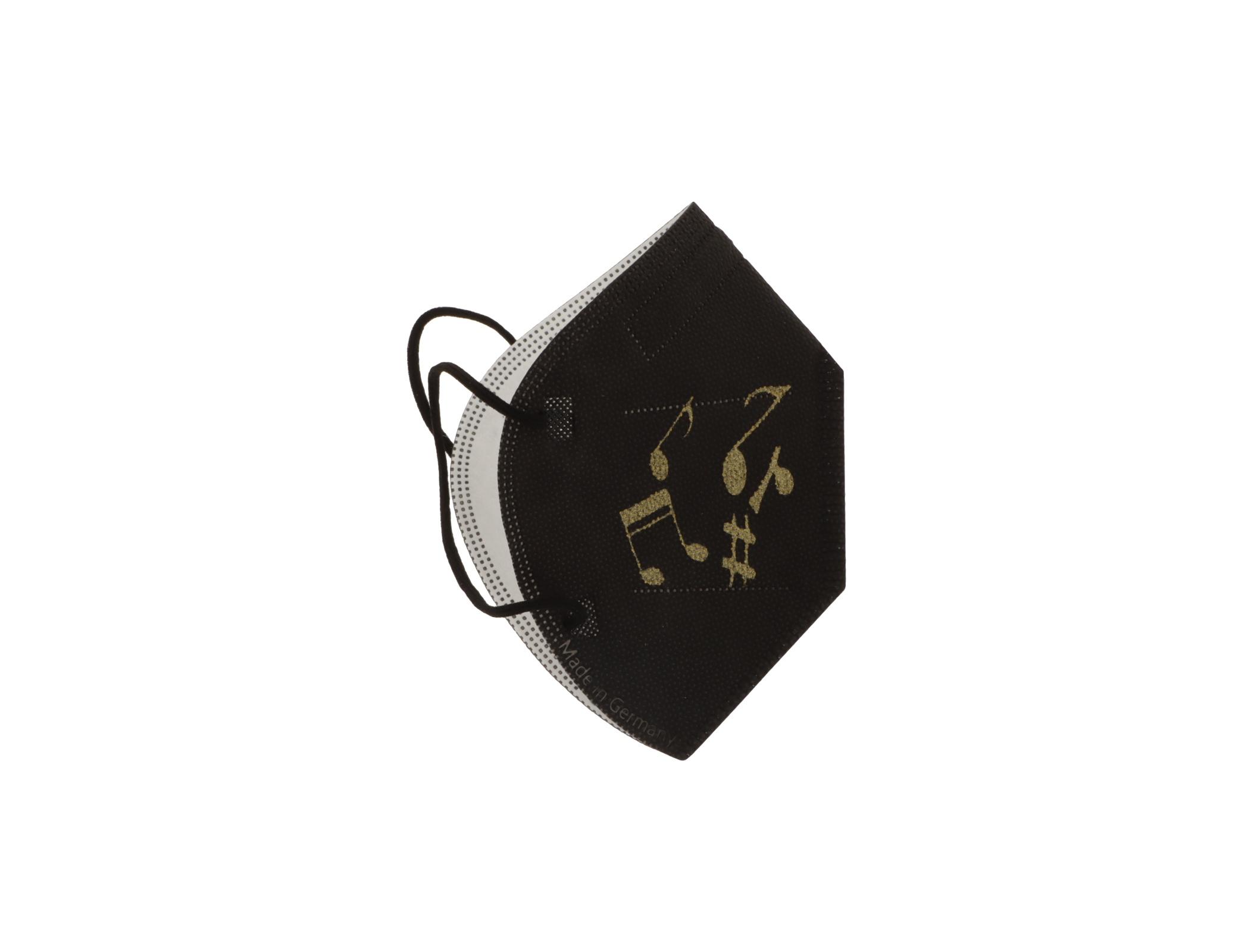 FFP2-Maske schwarz mit goldenem Notenmix-Druck FFP2-Maske schwarz mit goldenem Notenmix-Druck