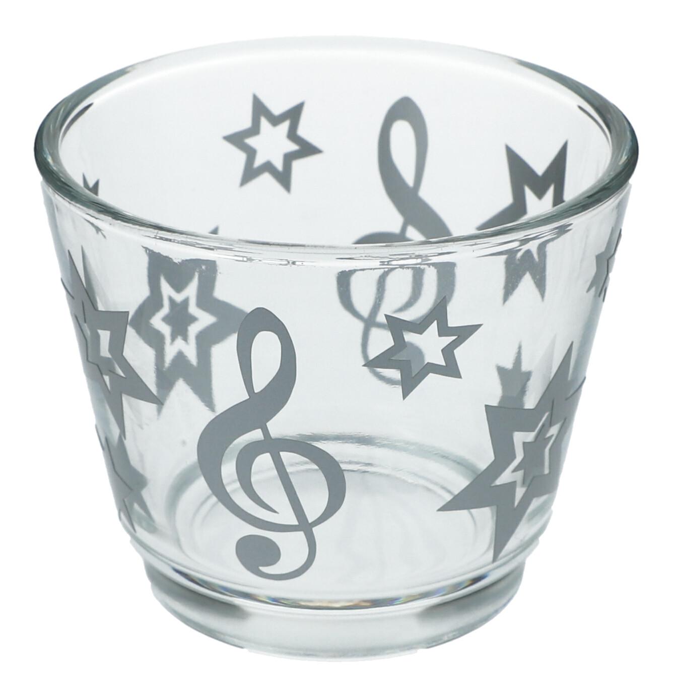 Glas-Windlicht mit Teelicht mit silbernem Violinschlüssel Glas-Windlicht mit Teelicht mit silbernem Violinschlüssel