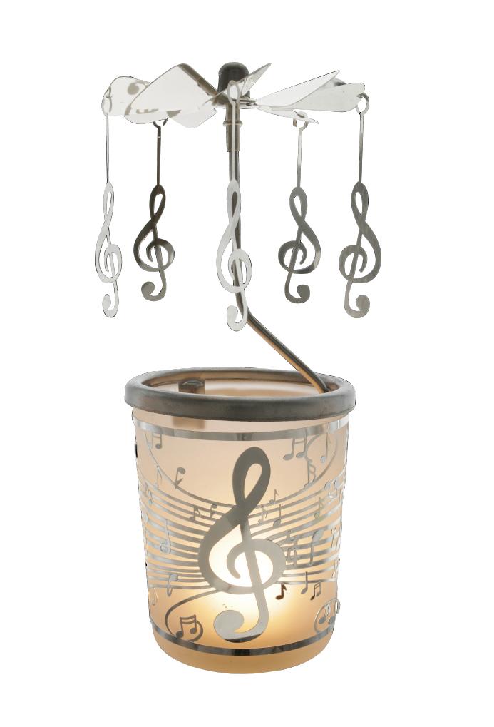 Windlicht Glas-Karussell mit filigranen Metallarbeiten und Notenschlüssel-Anhängern Windlicht Glas-Karussell mit filigranen Metallarbeiten und Notenschlüssel-Anhängern