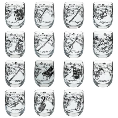 Glas mit Instrumenten und musikalischen Motiven