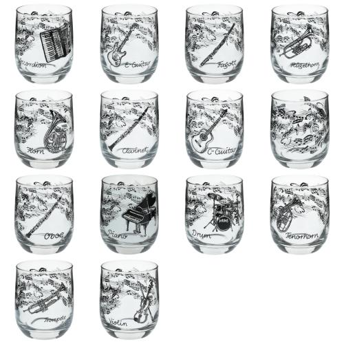 Glas mit Instrumenten und musikalischen Motiven