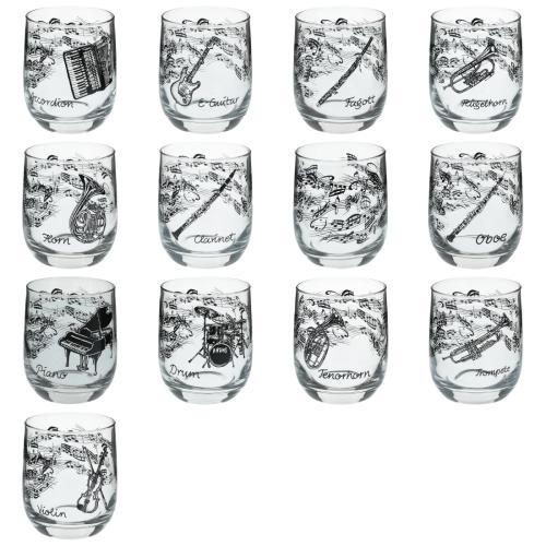 Glas mit Instrumenten und musikalischen Motiven