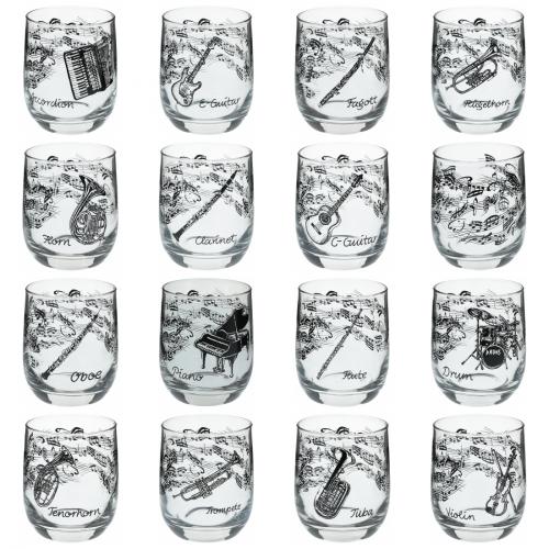 Glas mit Instrumenten und musikalischen Motiven