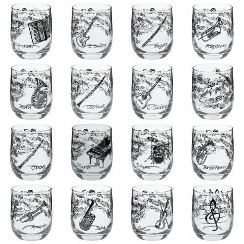 Glas mit Instrumenten und musikalischen Motiven