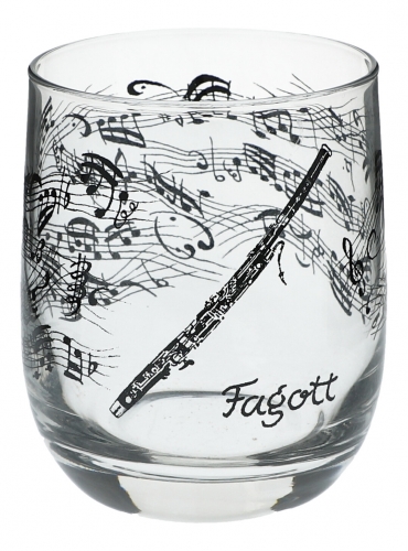 Glas mit Instrumenten und musikalischen Motiven, schwarzer Druck - Instrument: Fagott