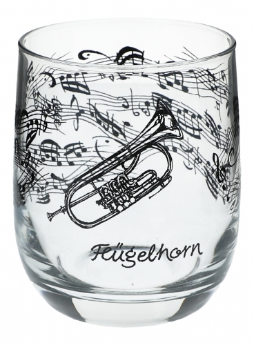 Glas mit Instrumenten und musikalischen Motiven, schwarzer Druck - Instrument: Flgelhorn