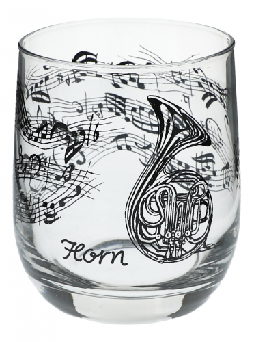 Glas mit Instrumenten und musikalischen Motiven - Instrument: Horn