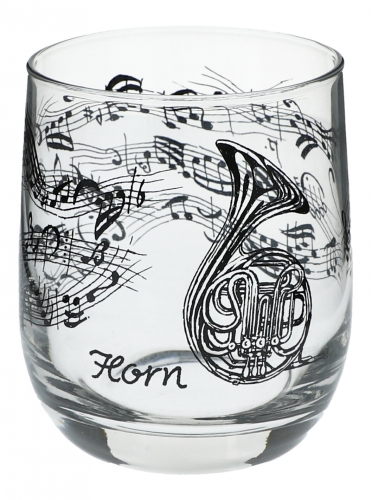 Glas mit Instrumenten und musikalischen Motiven, schwarzer Druck - Instrument: Horn