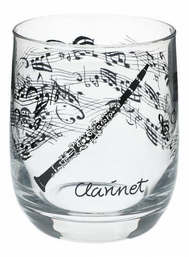 Glas mit Instrumenten und musikalischen Motiven, schwarzer Druck - Instrument: Klarinette