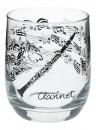 Glas mit Instrumenten und musikalischen Motiven, schwarzer Druck - Instrumente / Design: Klarinette