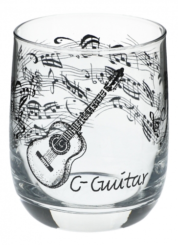 Glas mit Instrumenten und musikalischen Motiven - Instrument: Konzertgitarre