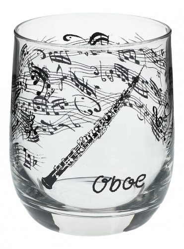 Glas mit Instrumenten und musikalischen Motiven, schwarzer Druck - Instrument: Oboe