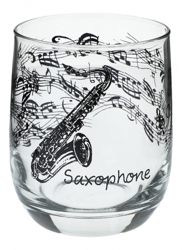 Glas mit Instrumenten und musikalischen Motiven - Instrument: Saxophon