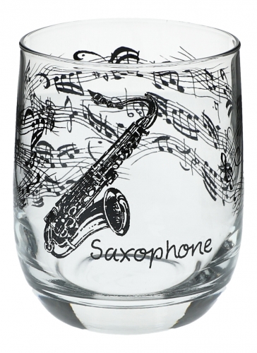 Glas mit Instrumenten und musikalischen Motiven, schwarzer Druck - Instrument: Saxophon