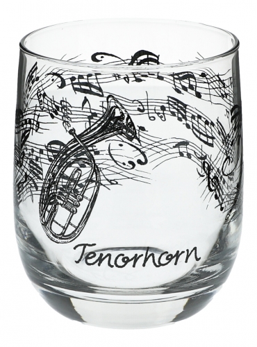 Glas mit Instrumenten und musikalischen Motiven, schwarzer Druck - Instrument: Tenorhorn