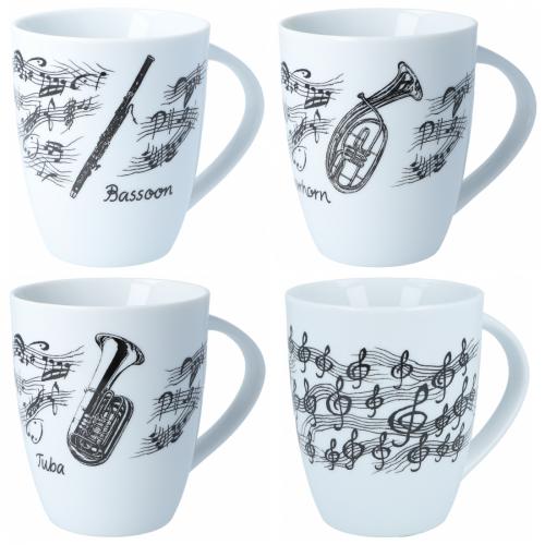 Henkelbecher bedruckt mit diversen Instrumenten und musikalischen Motiven